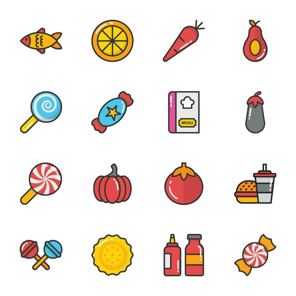 conjunto de comida y dulces de colores línea íconos vector