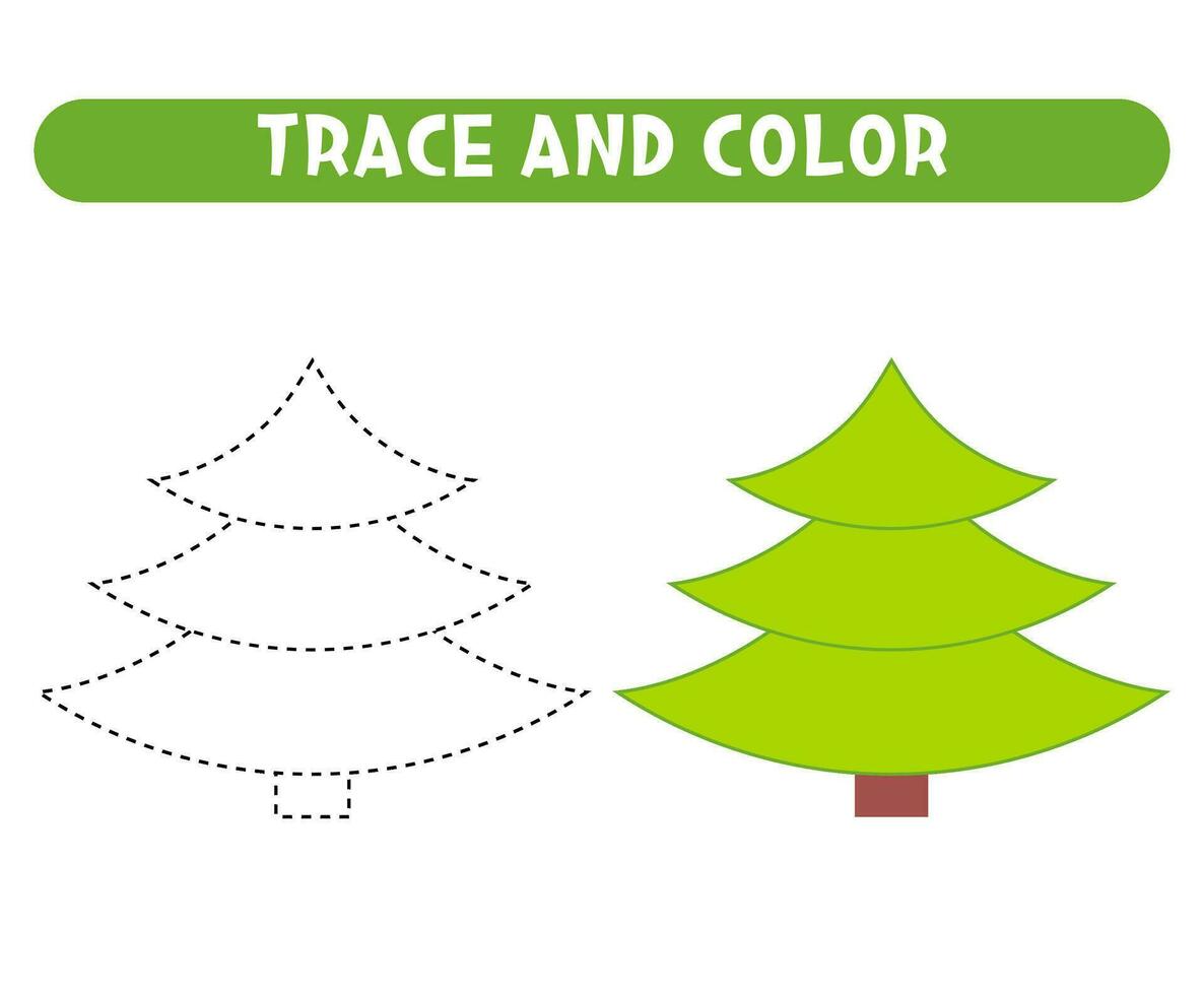 Trace and color christmas tree Educational game Worksheet for kids vector