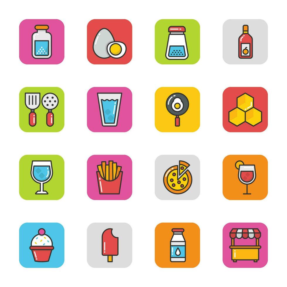 Breakfast and Fast Food Coloured Line Icons vector