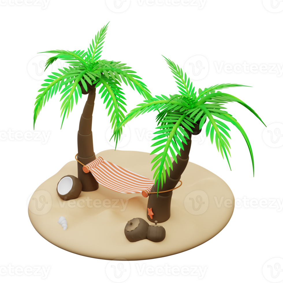 3d illustration de noix de coco arbre et hamac png