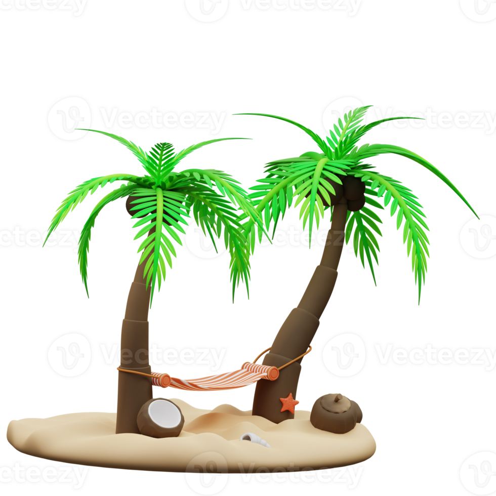 3d illustration de noix de coco arbre et hamac png