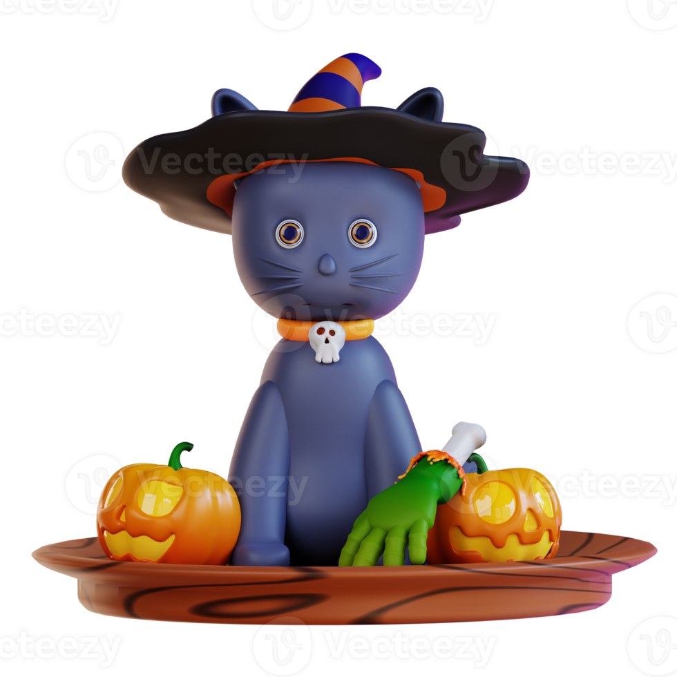 3d illustration of a pumpkin cat and a zombie hand png