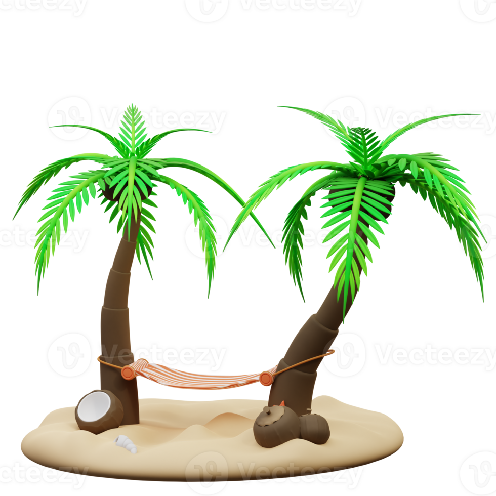 3d illustration de noix de coco arbre et hamac png