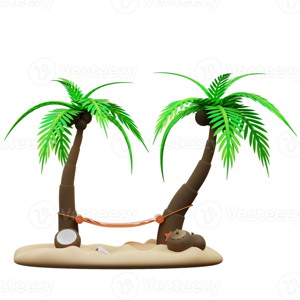 3d illustration de noix de coco arbre et hamac png