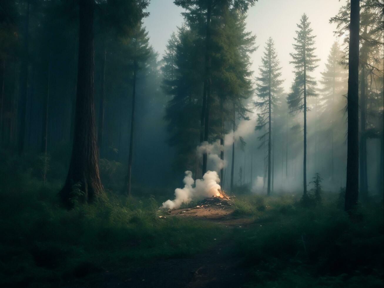 belleza de un brumoso bosque oscuro capturar el obsesionante efectos de contaminación, generativo ai foto