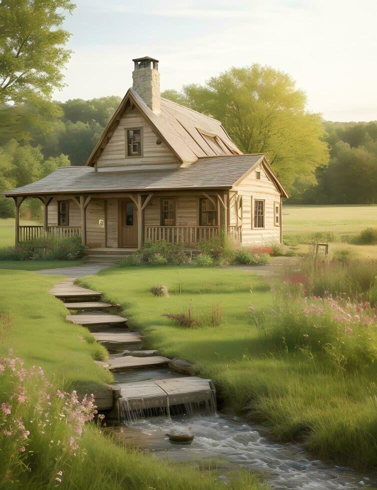 Serene Rustic Retreat Natural Countryside Scene with Rustic Farmhouse Details, Ai Generative photo