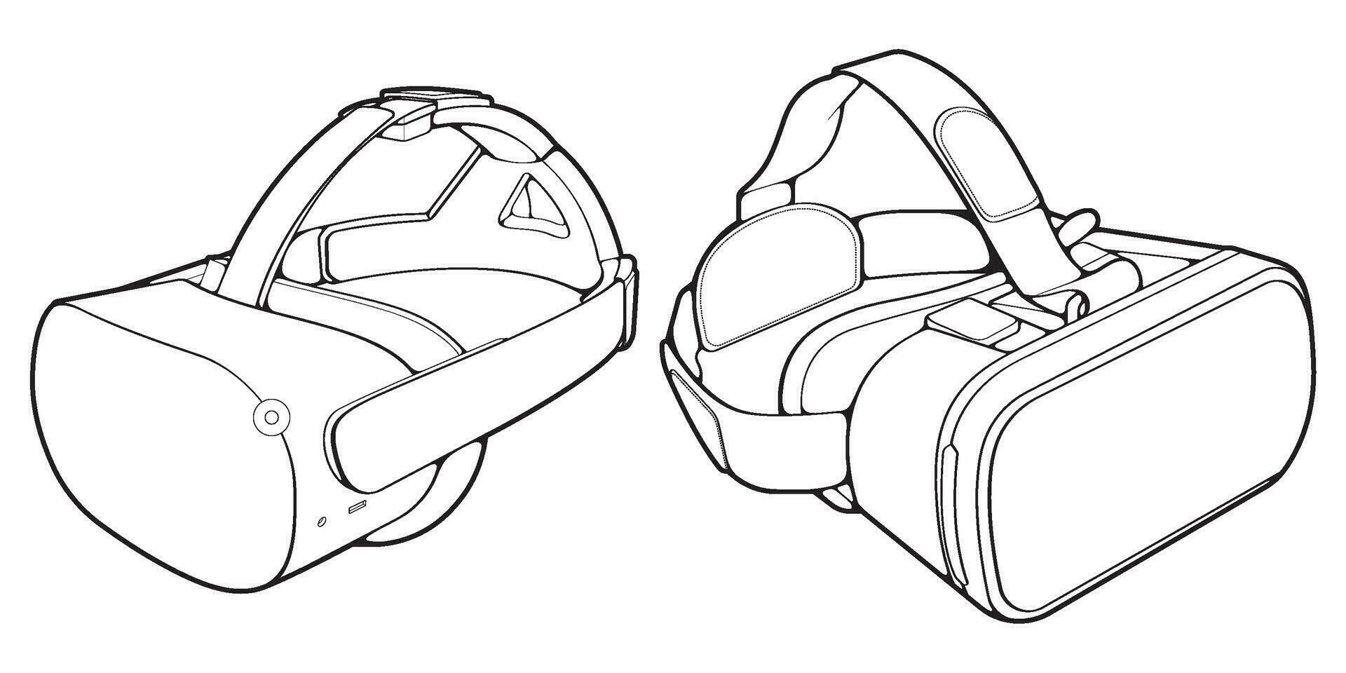 Set off Virtual reality headset outline drawing vector, Virtual reality headset drawn in a sketch style, black line Virtual reality headset trainers template outline, vector Illustration.