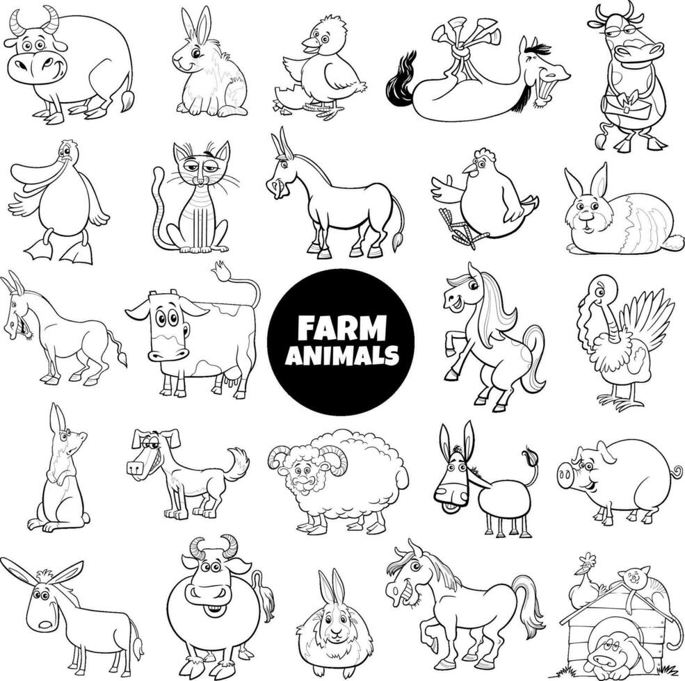 funny cartoon farm animal characters big set coloring page vector