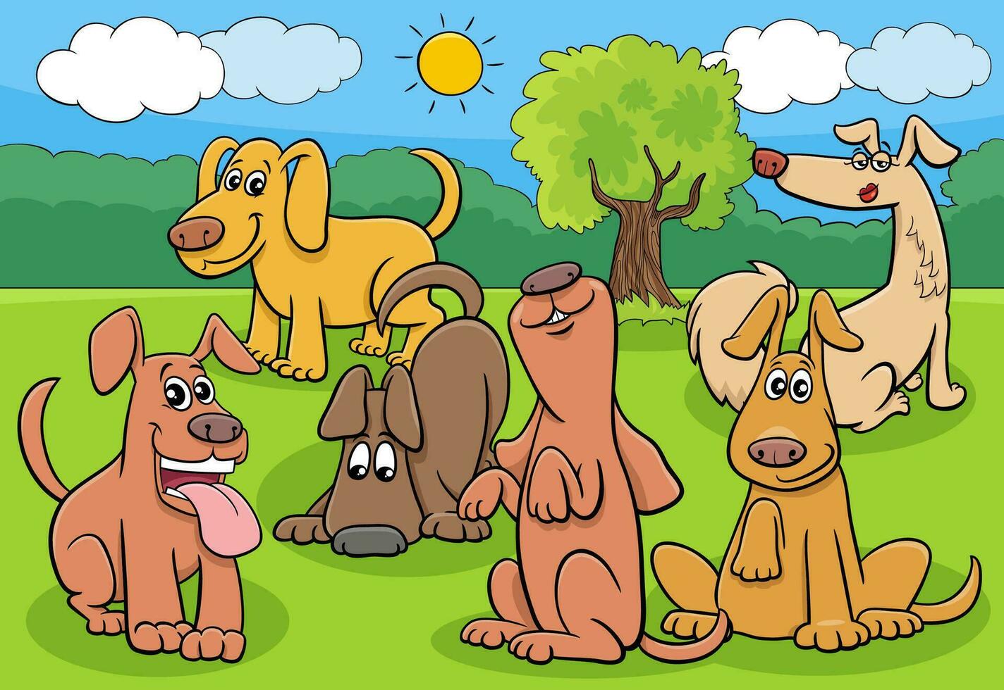 cartoon dogs and puppies characters group in the meadow vector