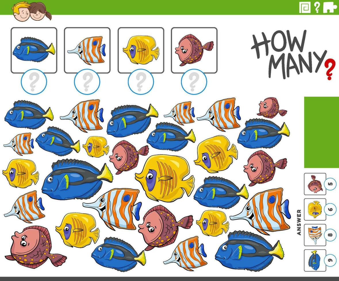 cómo muchos dibujos animados pescado animal caracteres contando actividad vector