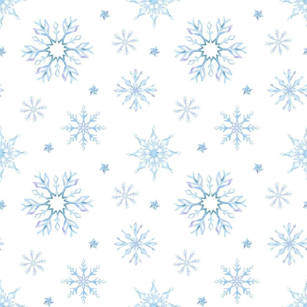 Snowflakes. Watercolor seamless pattern. Decorative winter background with hand drawn snowflakes, snow, stars. For fabric, wrapping paper, scrapbooking, postcards, invitations, cards vector