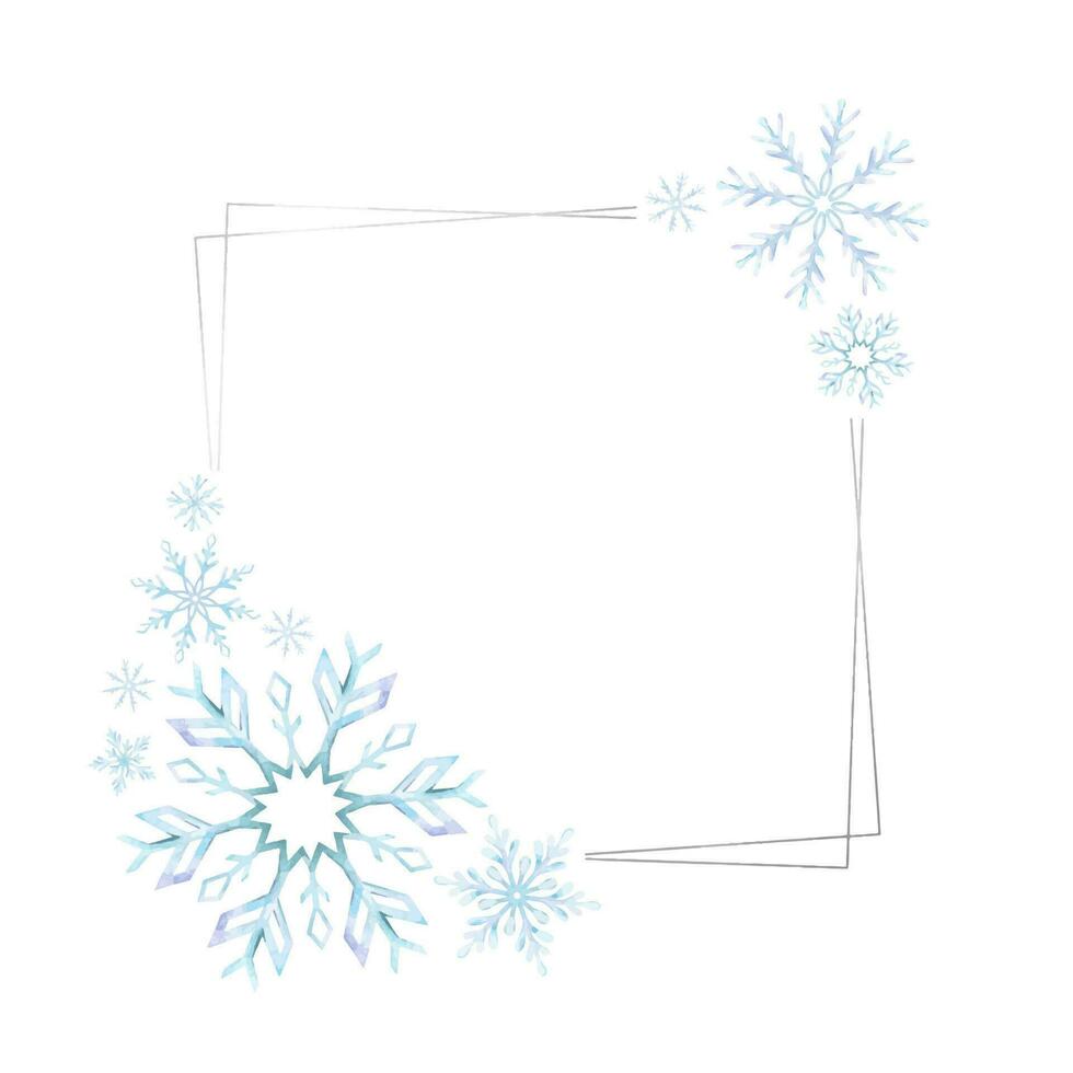 Snowflakes. Watercolor frame. Decorative winter background with hand drawn snowflakes, snow, stars. Snowflake framework. Isolated. For postcards, invitations, cards vector