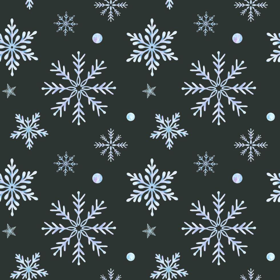 copos de nieve. acuarela sin costura modelo. decorativo invierno antecedentes con mano dibujado copos de nieve, nieve, estrellas. para tela, envase papel, álbum de recortes, postales, invitaciones, tarjetas vector