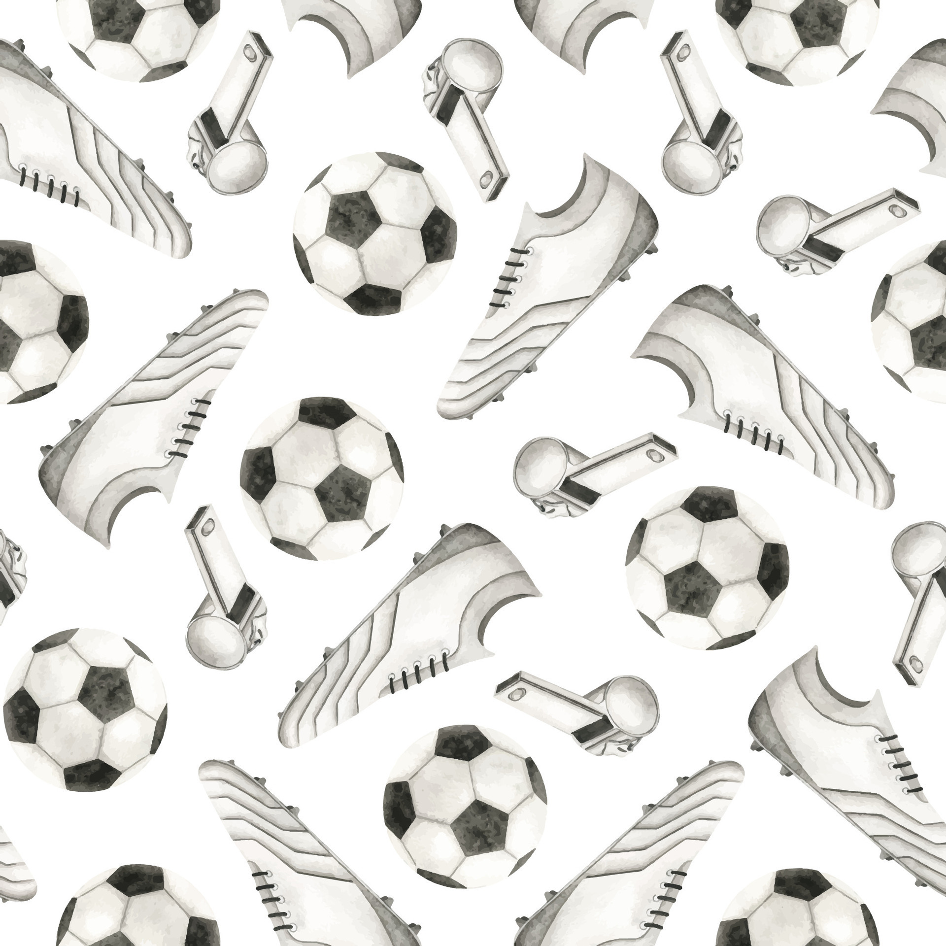 Soccer ball, Soccer cleats and whistle. Seamless pattern. Watercolor
