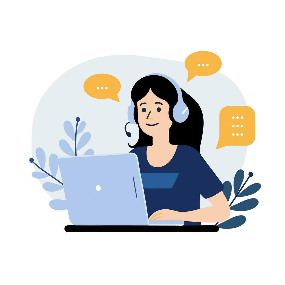 Customer service, online support, call center and operator concept. Woman in headphones with laptop and microphone, vector illustration.