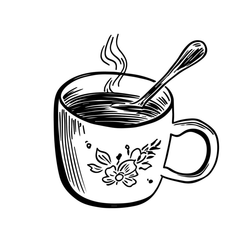 Cup of hot tea, hand drawn doodle vector illustration.