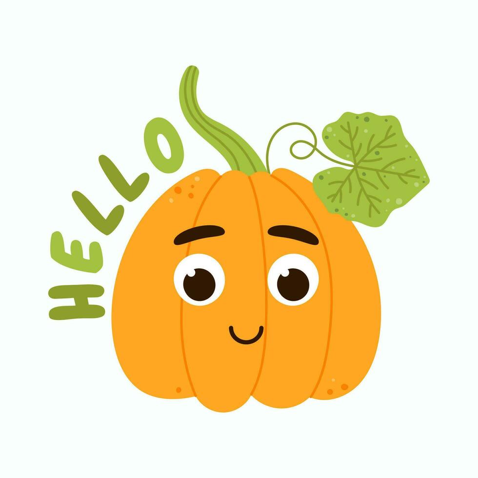Happy kawaii pumpkin in sunglasses with the inscription hello. Cartoon mascot vegetable character. Isolated vector illustration on white background.