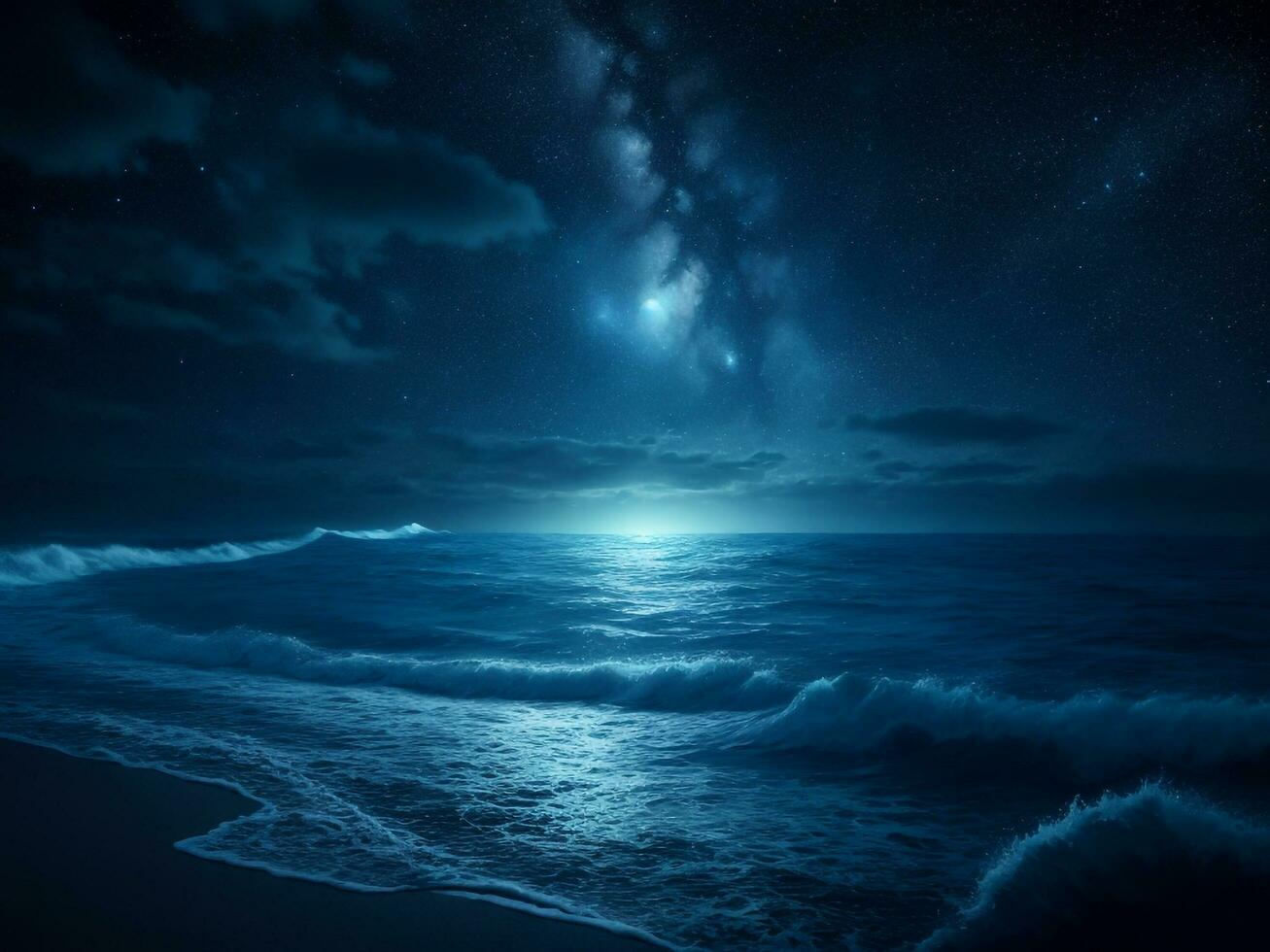 Tranquil Night Seascape with Sparkling Waters and Reflective Moon, Ai Generative photo