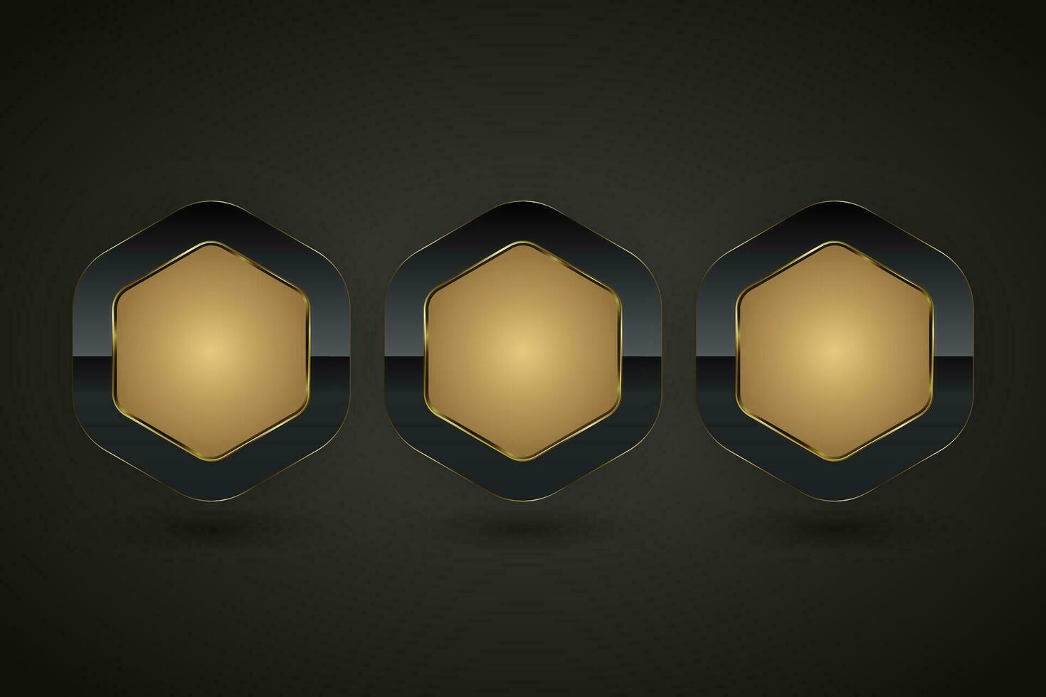 Three Luxury buttons of hexagon shapes with golden frame vector illustration. Premium realistic isolated website elements, golden glossy labels