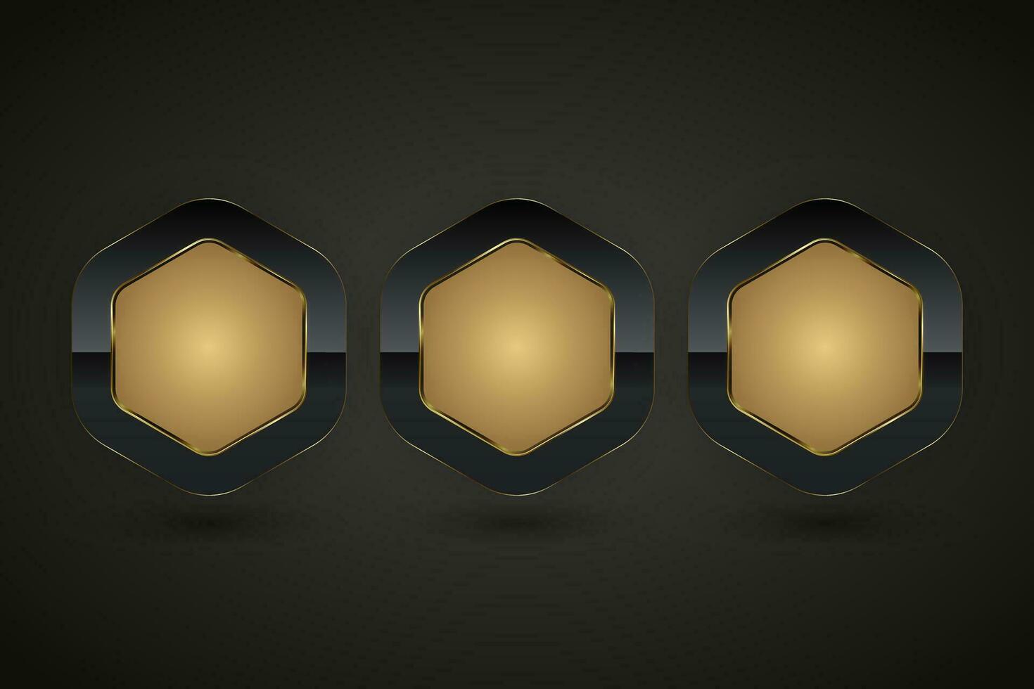 Tres lujo botones de hexágono formas con dorado marco vector ilustración. prima realista aislado sitio web elementos, dorado lustroso etiquetas