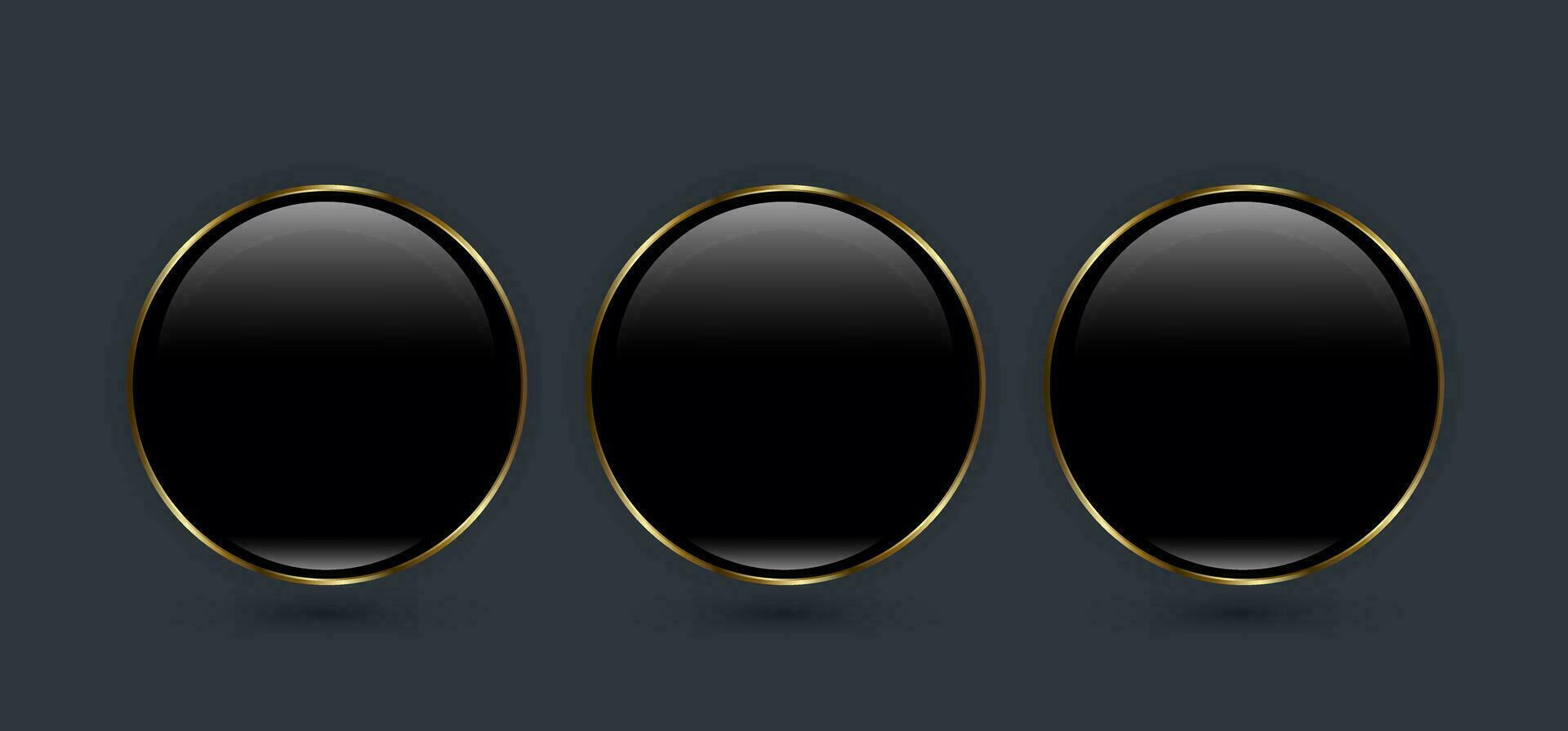 Three Buttons of Premium round black glossy Circle button, with Luxury gold ring frame vector illustration