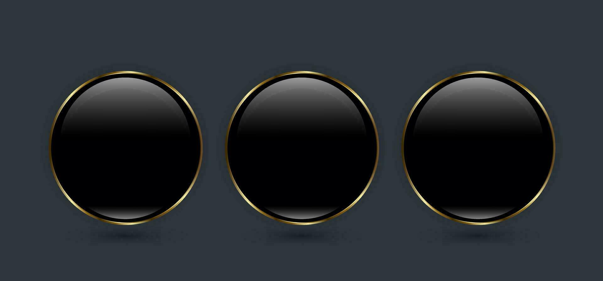 Three Buttons of Premium round black glossy Circle button, with Luxury gold ring frame vector illustration