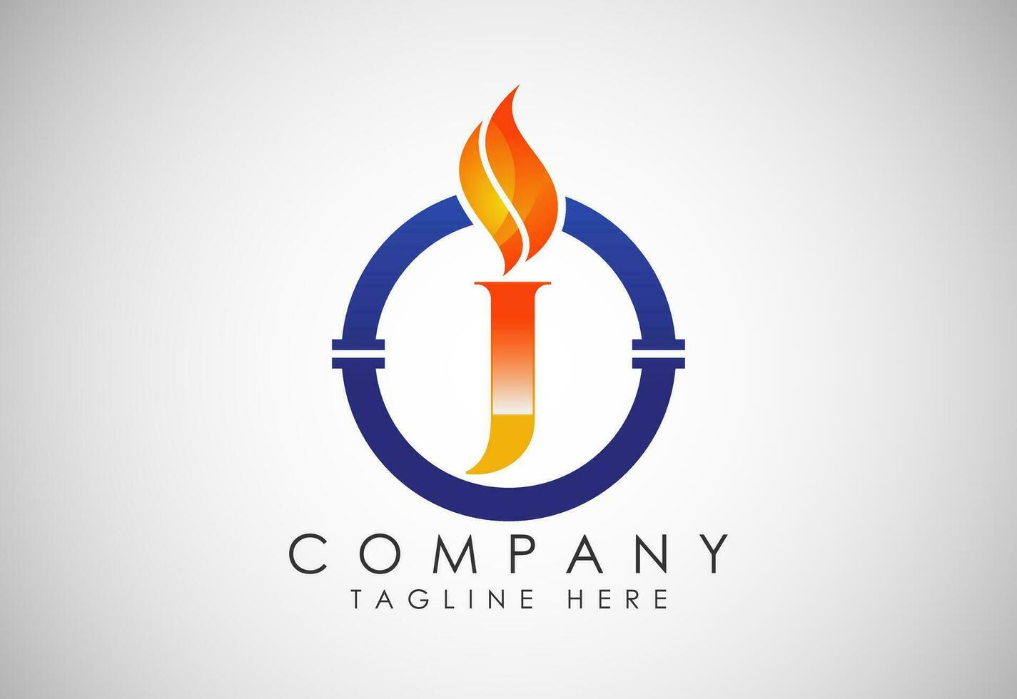 Inglés alfabeto j con fuego fuego y tubo. petróleo y gas industria logo diseño concepto. vector