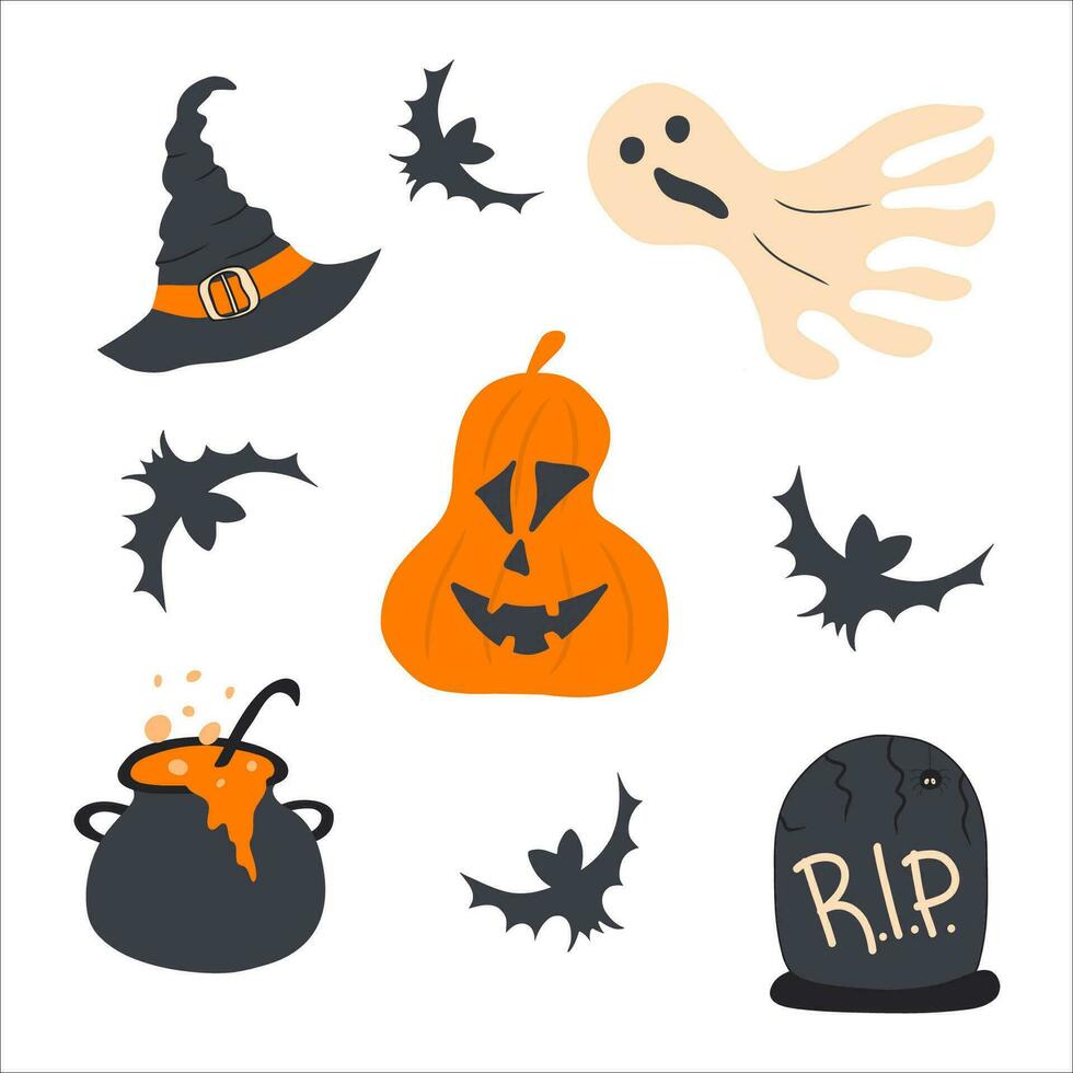 Vector set of characters and icons for Halloween in cartoon style. Halloween objects. Hat, ghost, pumpkin, potion, grave, bats.