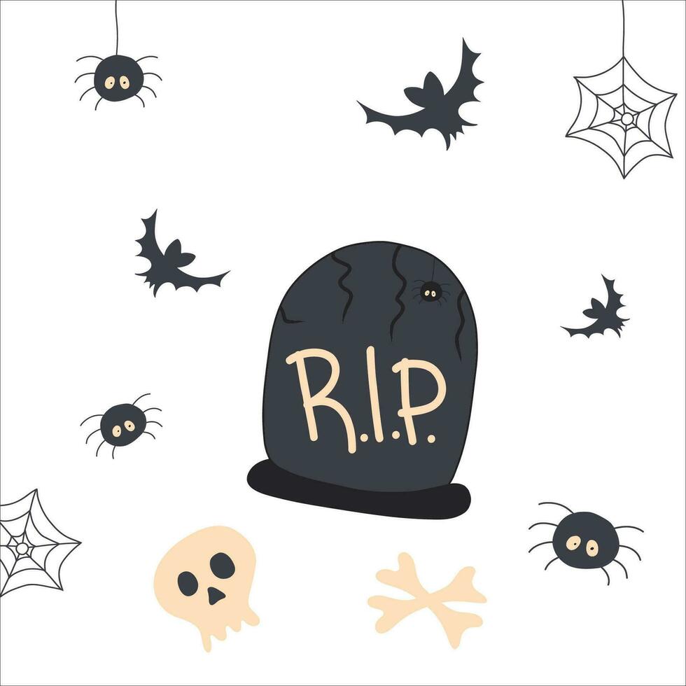 set of halloween icons, grave, spider, skull, bat, spider web, bones. vector isolated cartoon style illustrations