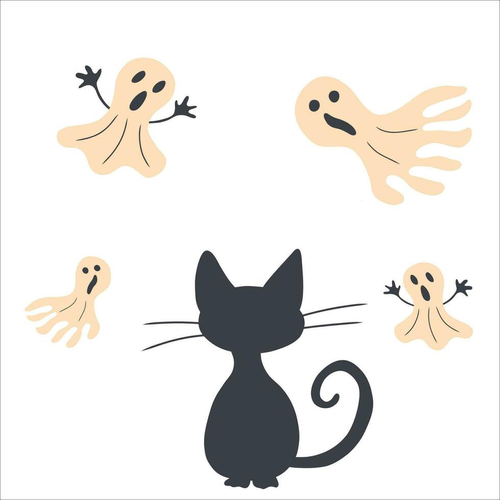 Víspera de Todos los Santos conjunto con fantasmas y negro gato silueta. vector aislado ilustraciones en dibujos animados estilo