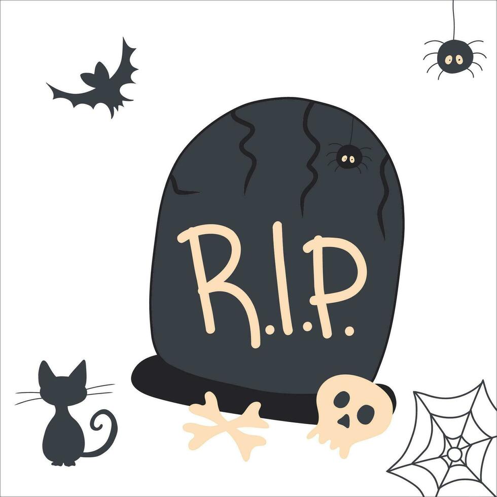 Halloween set, grave, spider, black cat, skull, bat, spider web, bones. vector isolated cartoon style illustrations