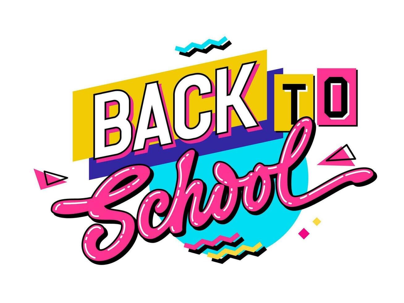 Back to school lettering in bold, vivid 90s style. School, education, learning themed inscription. Isolated vector typography with bright geometric background. Learning support phrase for any purposes