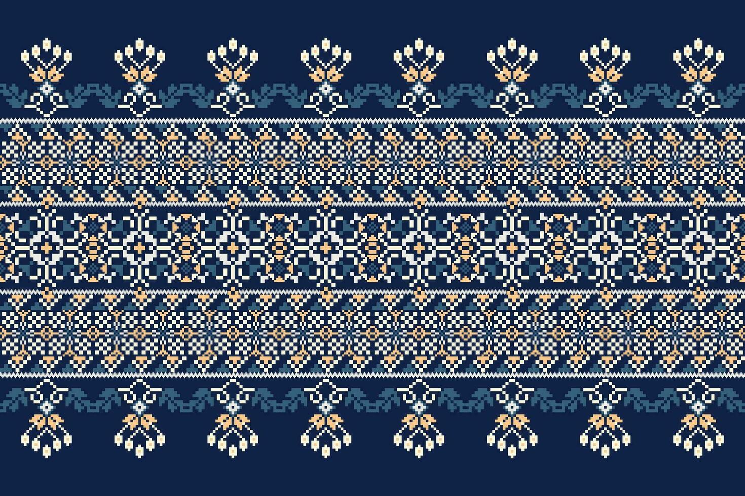 Floral Cross Stitch Embroidery on navy blue background.geometric ethnic oriental pattern traditional.Aztec style abstract vector illustration.design for texture,fabric,clothing,wrapping,decoration.