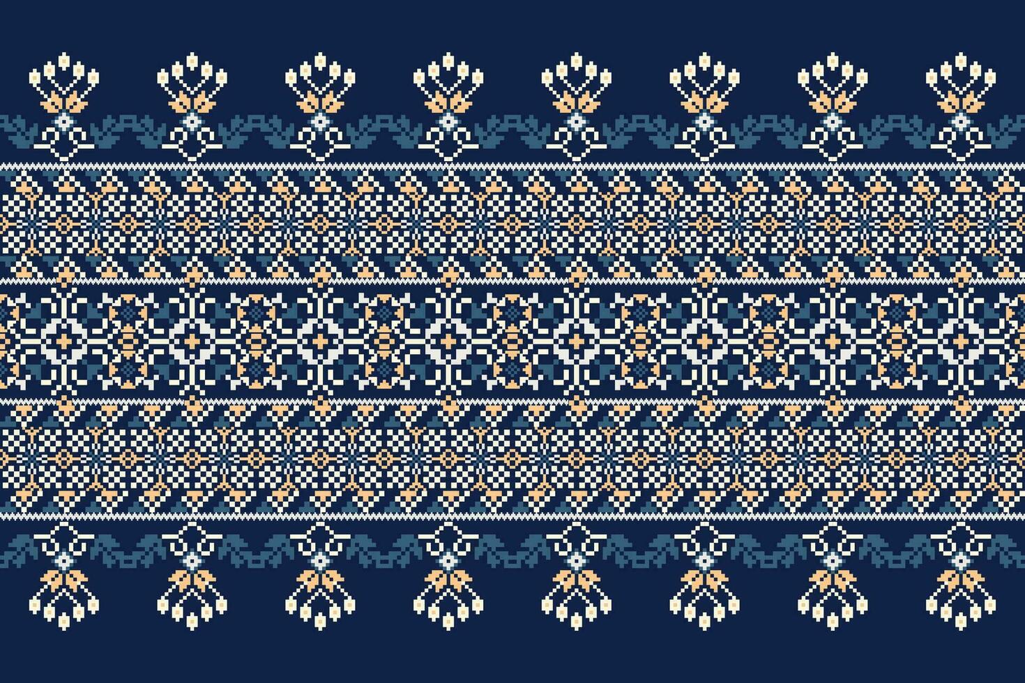 floral cruzar puntada bordado en Armada azul fondo.geometrico étnico oriental modelo tradicional.azteca estilo resumen vector ilustración.diseño para textura,tela,ropa,envoltura,decoración.