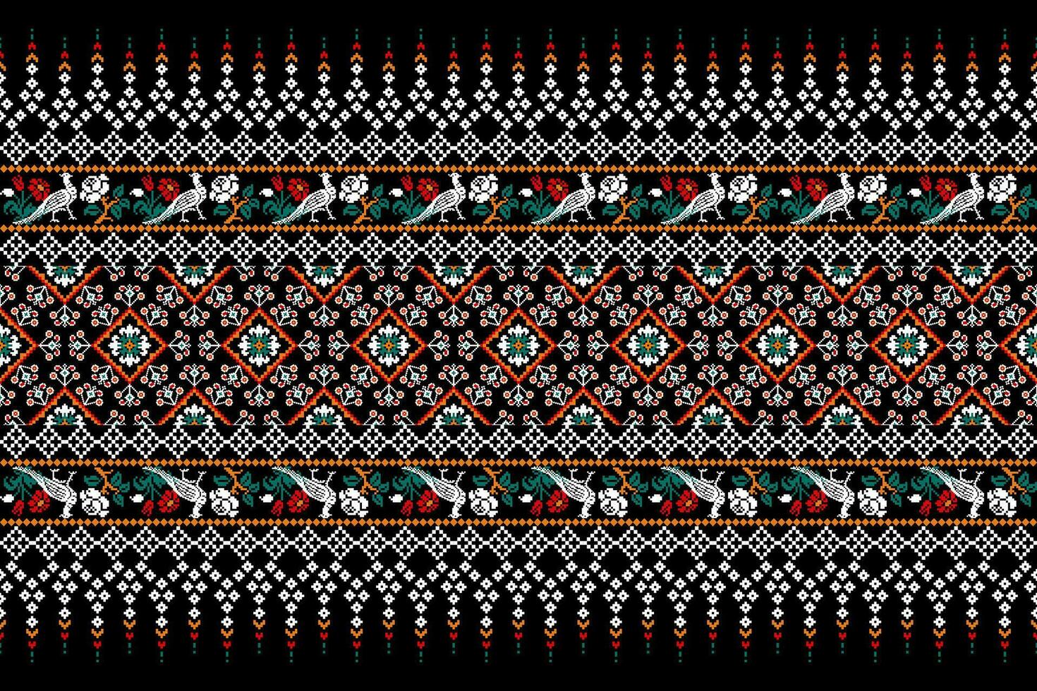 Floral Cross Stitch Embroidery on black background.geometric ethnic oriental pattern traditional.Aztec style abstract vector illustration.design for texture,fabric,clothing,wrapping,decoration,sarong.