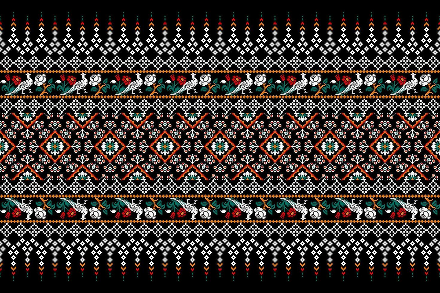 floral cruzar puntada bordado en negro fondo.geometrico étnico oriental modelo tradicional.azteca estilo resumen vector ilustración.diseño para textura,tela,ropa,envoltura,decoración,pareo.