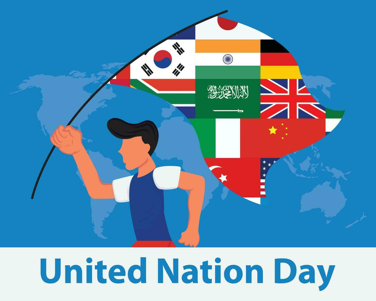 ilustración vector gráfico de un hombre que lleva el banderas de el países de el mundo, Perfecto para internacional día, unido nación día, celebrar, saludo tarjeta, etc.