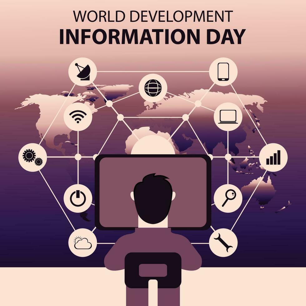 illustration vector graphic of a man is using a computer, displaying the worldwide communications network, perfect for international day, world development information day, celebrate, greeting card.