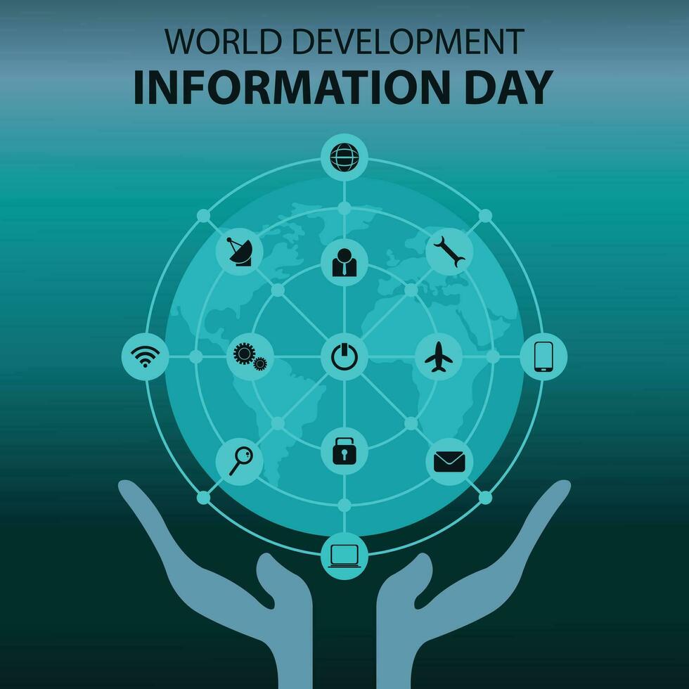 illustration vector graphic of a pair of hands holding up a globe containing an information network, perfect for international day, world development information day, celebrate, greeting card, etc.