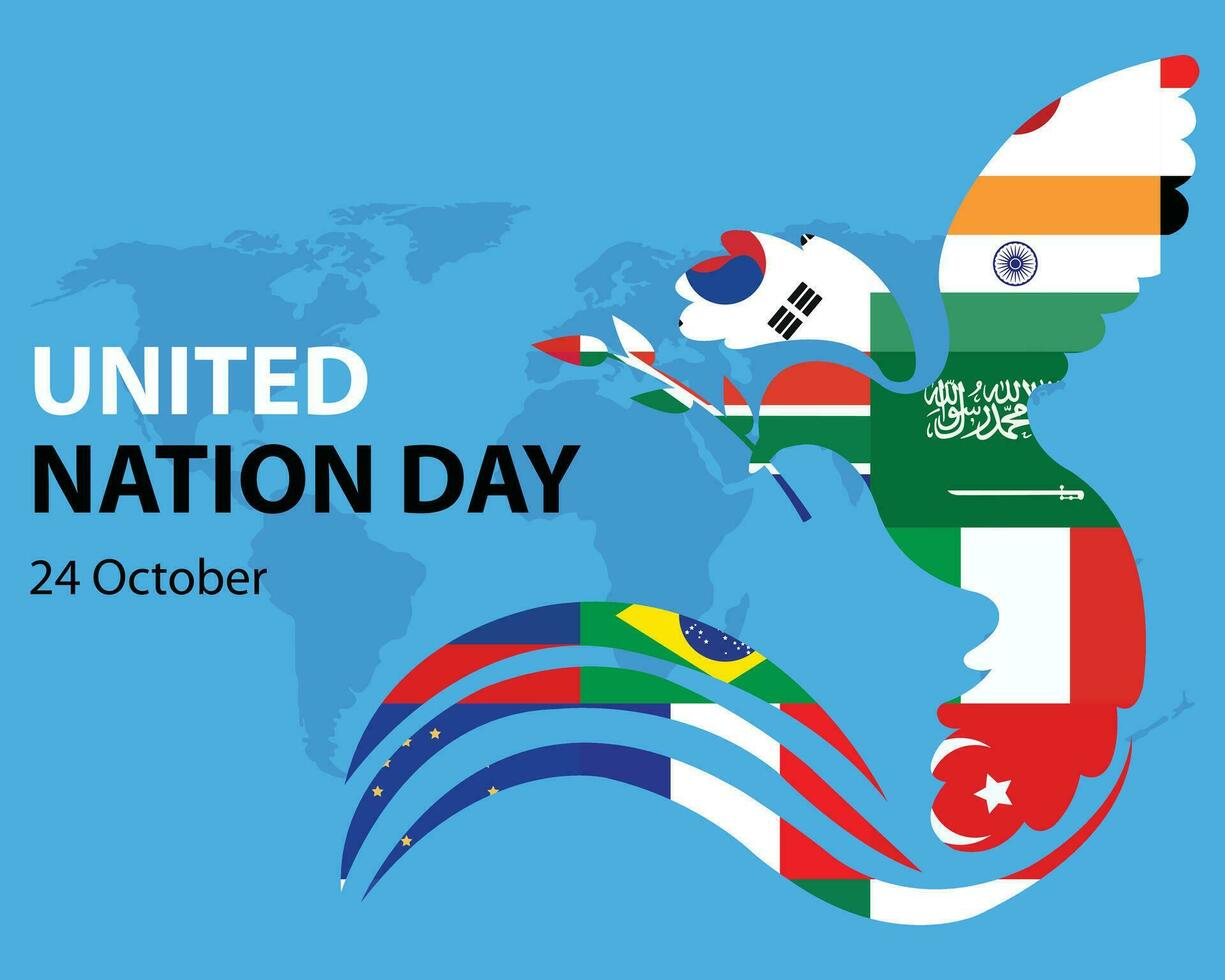 illustration vector graphic of dove in the colors of world country flags, showing world map, perfect for international day, united nation day, celebrate, greeting card, etc.