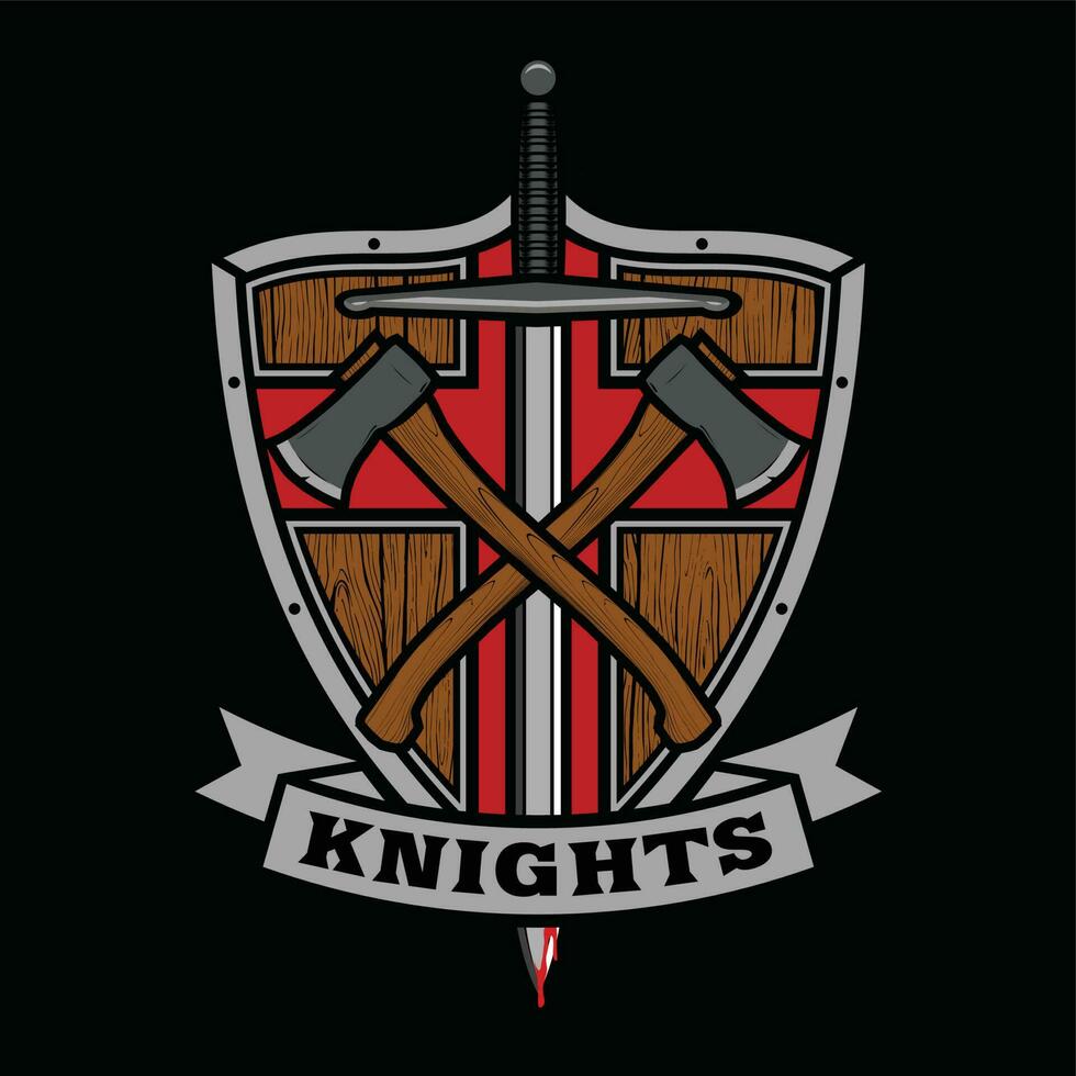 knights logo design with sword, shield and axe template for a sport team, Design element for logo, poster, card, banner, emblem, t shirt. Vector illustration