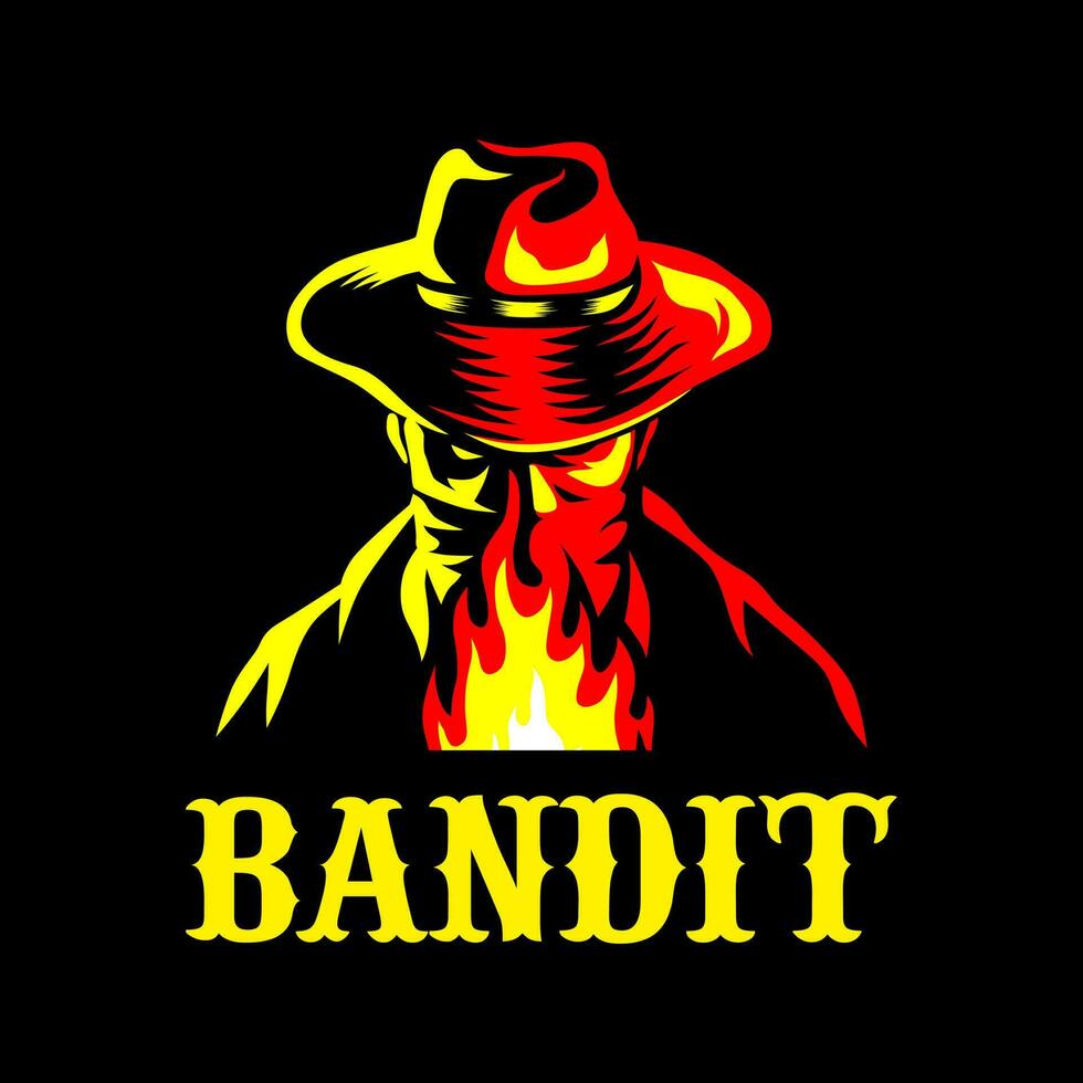 Bandit Cowboy with Scarf Mask and fire, Design element for logo, poster, card, banner, emblem, t shirt. Vector illustration