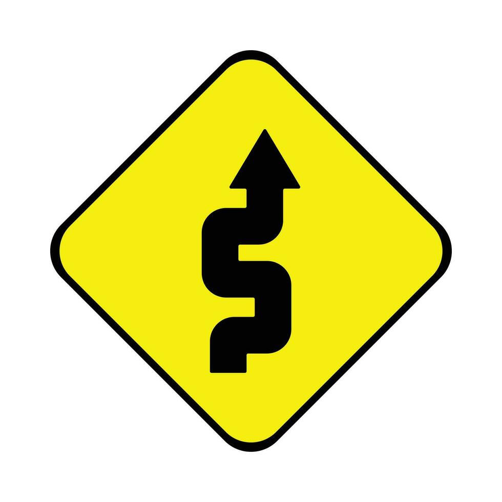 vector winding traffic road sign, many bends. yellow background black design