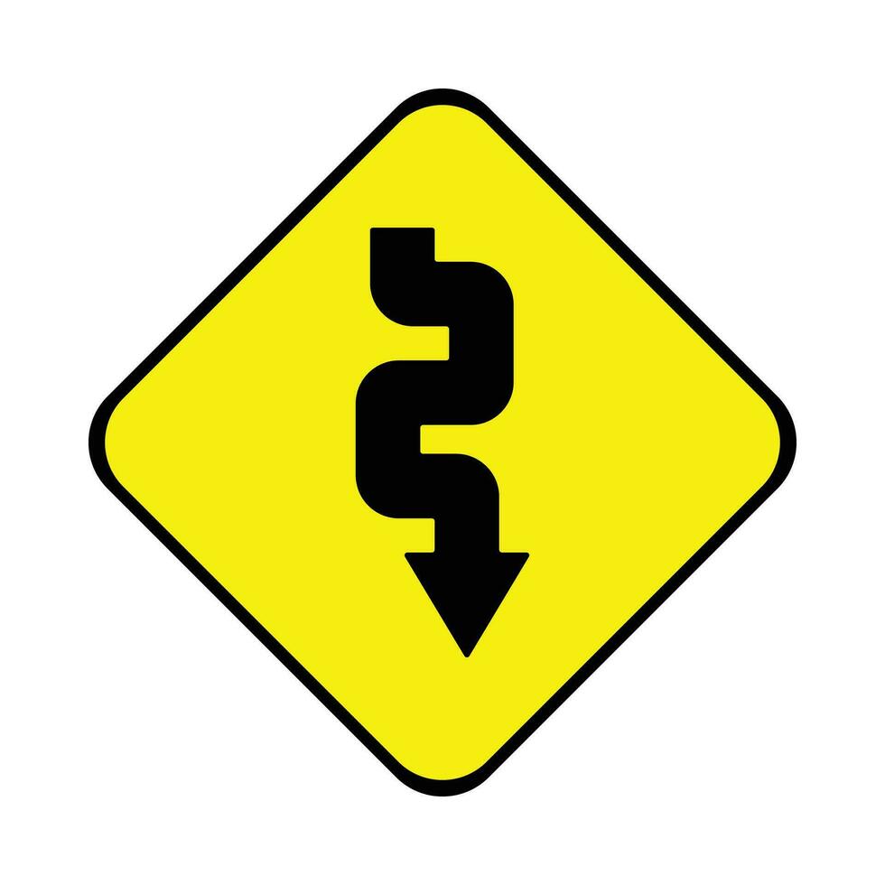 vector winding traffic road sign, many bends. yellow background black design