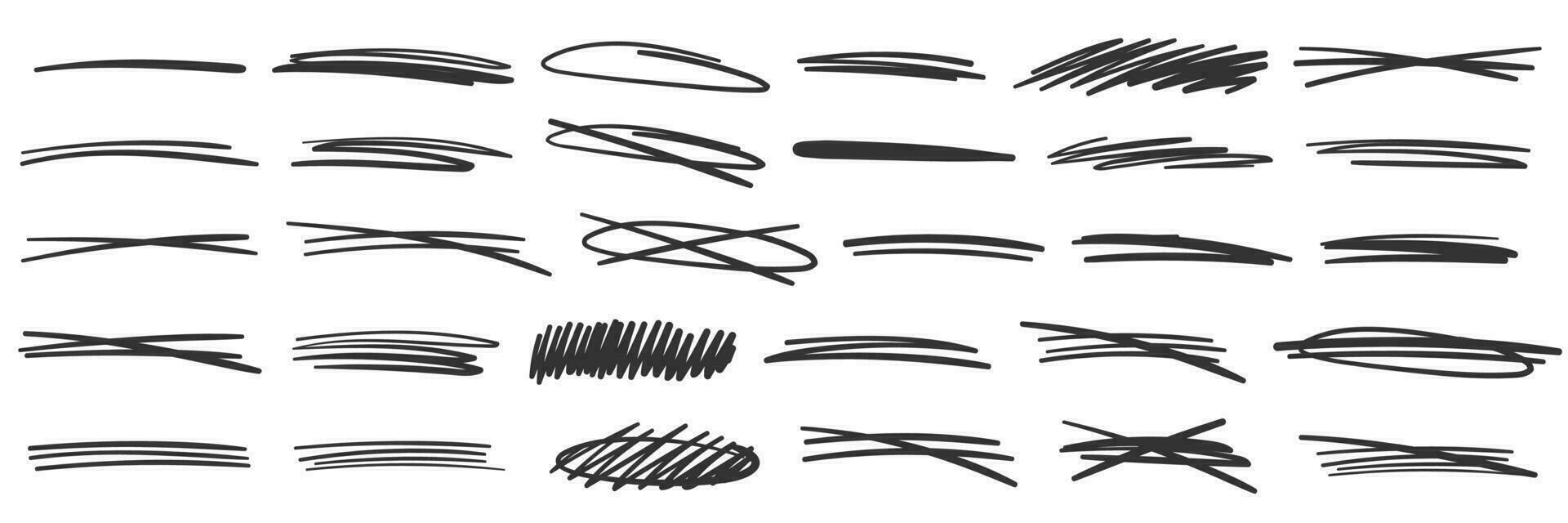 Strikethrough lines collection. Set of hand drawn freehand ephasis elements, underline, marker or ball pen line, crossed scribble stripe vector