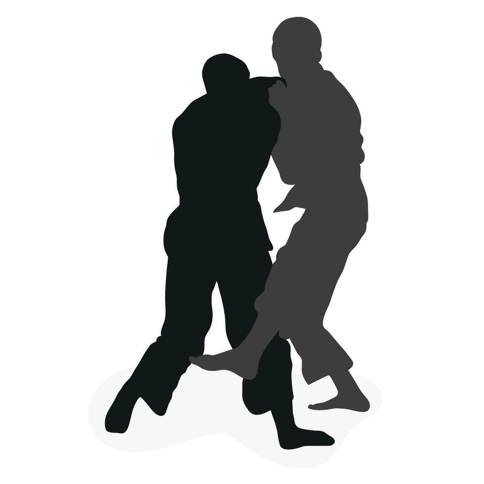 Image silhouette judoka. Judo, martial art, sportsmanship, wrestling, duel, grappling, combating, fighting, struggle vector