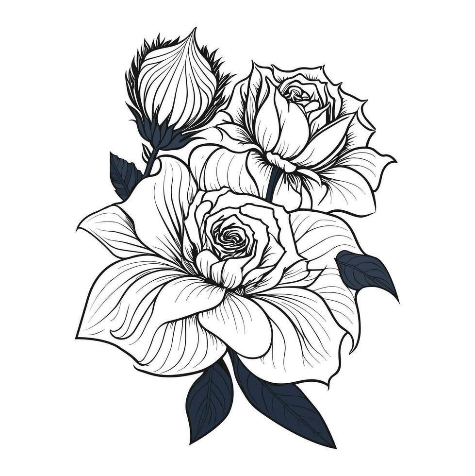 gratis vector Rosa flor línea Arte con hojas