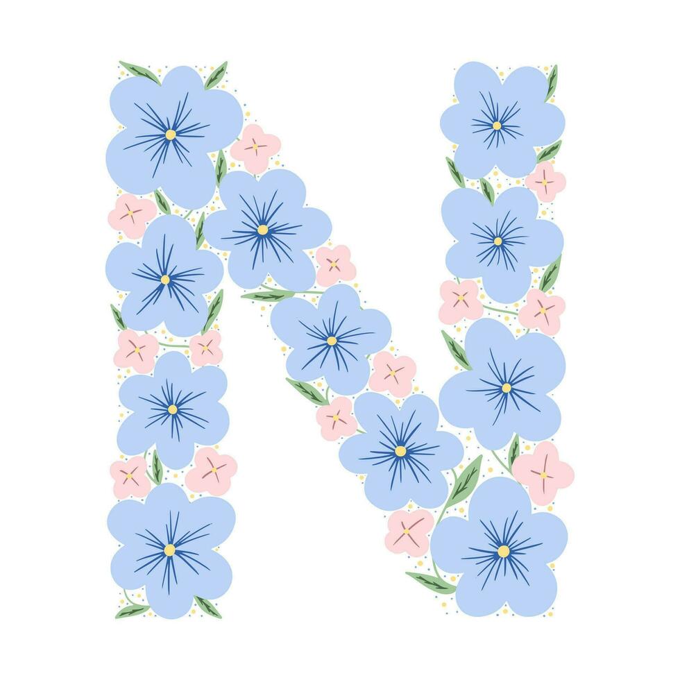 Floral botanical alphabet. Vintage hand drawn monogram letter N. Letter with plants and flowers. Vector lettering isolated on white