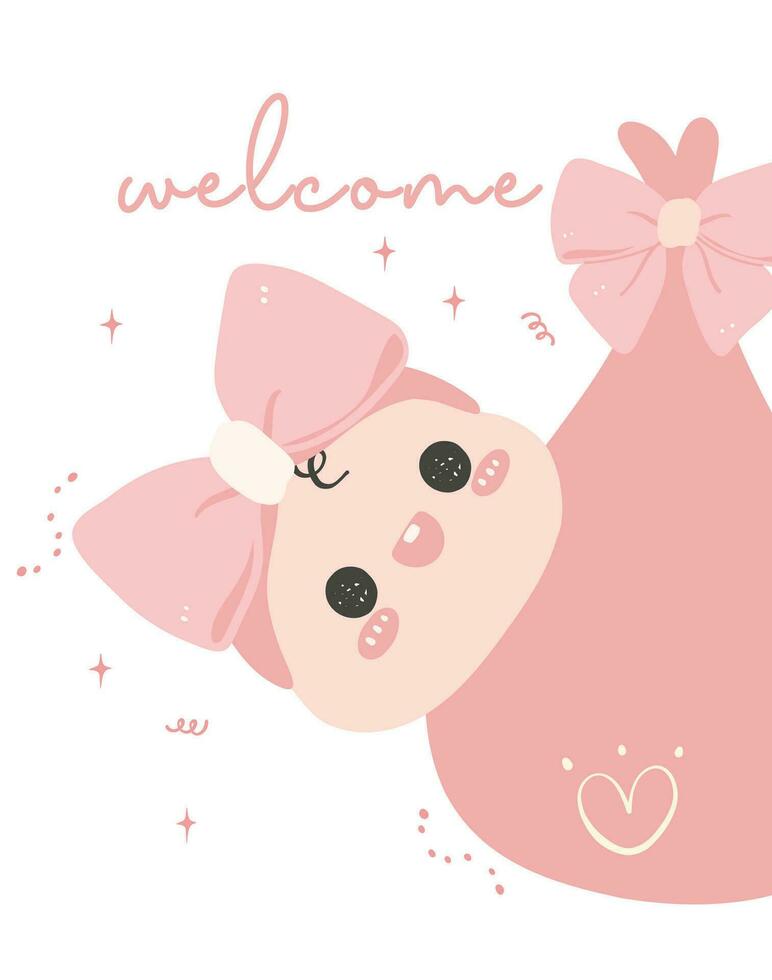 linda bebé niña ducha en rosa, Bienvenido bebé niña con adorable recién nacido en ropa, Perfecto para invitaion saludo tarjeta, acogedor el pequeño uno dentro el familia. vector