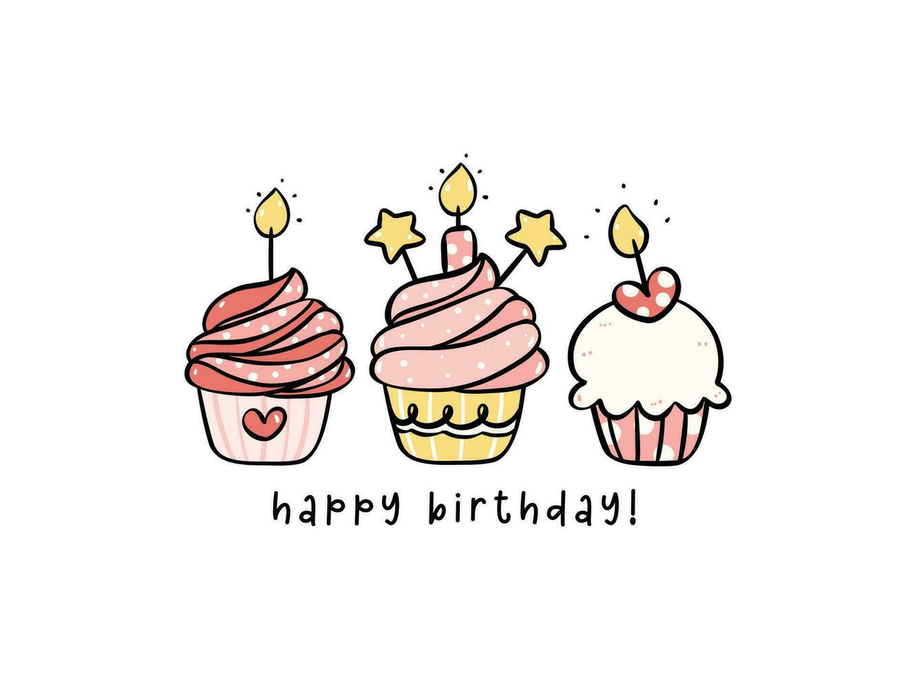 Group of Cute Pink Birthday Cakes with candles minimal Doodle, Celebrate party with cute cake illustration hand drawing perfect for greeting cards. vector